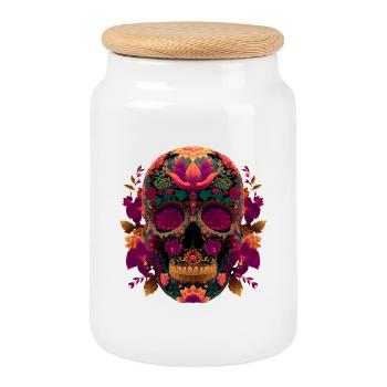 Noble Calavera Skull Floral - Dia de los Muert - Boîte à biscuits avec couvercle en bois - blanc - Devant