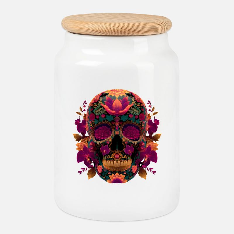 Edler Calavera Totenkopf Floral - Dia de los Muert - Keksdose mit Holzdeckel - Weiß