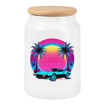 Neon Palm Sunset Car - Keksdose mit Holzdeckel - Weiß - Vorne