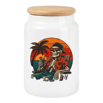 Skeleton Sunset Beach Vacation - Cookie Jar with Wooden Lid - white - Front