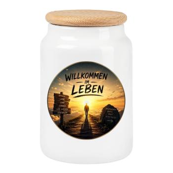 Willkommen im Leben Lebensweg - Keksdose mit Holzdeckel - Weiß - Vorne