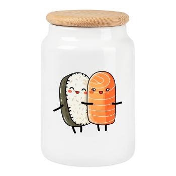 Sushi mignon style manga kawaii - Boîte à biscuits avec couvercle en bois - blanc - Devant