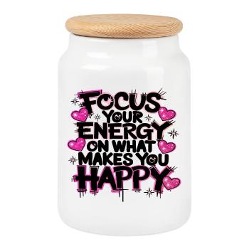 Focus Your Energy on What Makes You Happy - Cookie Jar with Wooden Lid - white - Front