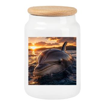 Delfin bei Sonnenuntergang - Keksdose mit Holzdeckel - Weiß - Vorne