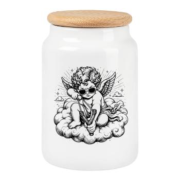 Chérubin en colère avec fronde - Boîte à biscuits avec couvercle en bois - blanc - Devant