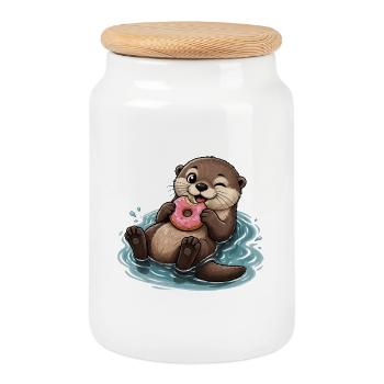 Otter donut fun in the water - Cookie Jar with Wooden Lid - white - Front