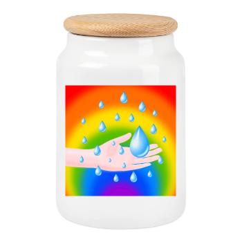 Rainbow Rain Drop and a Hand - Cookie Jar with Wooden Lid - white - Front