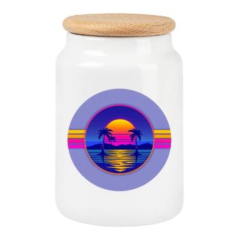 Sunset Neon Palms Circle - Boîte à biscuits avec couvercle en bois - blanc - Devant