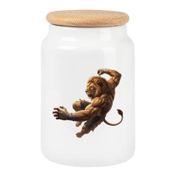 Lion en saut - Boîte à biscuits avec couvercle en bois - blanc - Devant