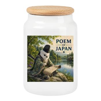 Japanese Shima Enaga Poet Bird - Cookie Jar with Wooden Lid - white - Front