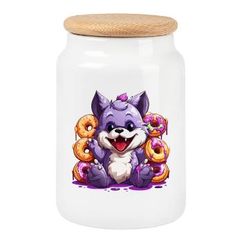 Sugar paws wolf with donuts - Cookie Jar with Wooden Lid - white - Front
