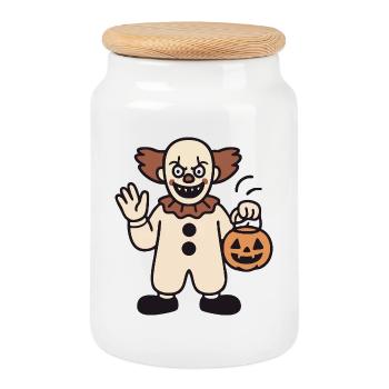 Halloween clown with pumpkin bucket - Cookie Jar with Wooden Lid - white - Front