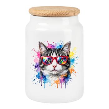 Katzengesicht im Regenbogen-Aquarell Geschenk - Keksdose mit Holzdeckel - Weiß - Vorne