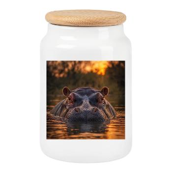 Coucher de soleil, hippopotame dans l’eau - Boîte à biscuits avec couvercle en bois - blanc - Devant
