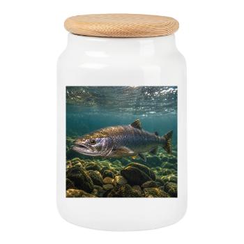 Lachs-Unterwassermotiv - Keksdose mit Holzdeckel - Weiß - Vorne