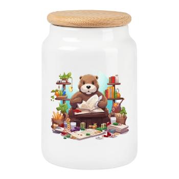 Loutre de lecture dans une aventure de lecture - Boîte à biscuits avec couvercle en bois - blanc - Devant