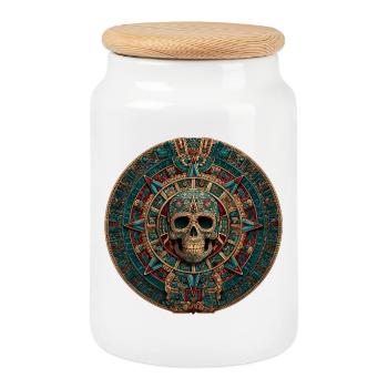 Azteken Kalender Totenkopf - Keksdose mit Holzdeckel - Weiß - Vorne
