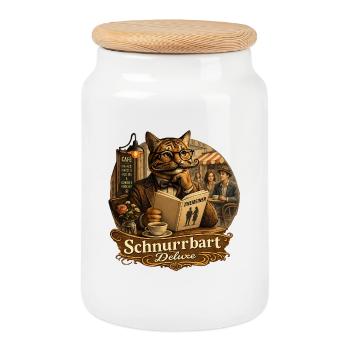 Mustache Deluxe Cat Cafe Funny Vintage - Cookie Jar with Wooden Lid - white - Front