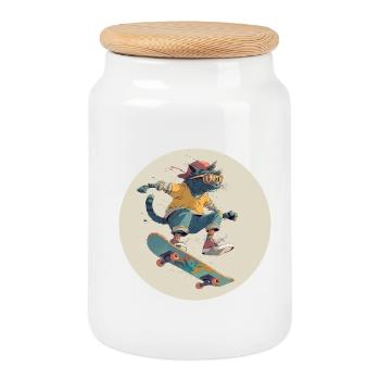 Skateboard Cat in Retro Vibe - Cookie Jar with Wooden Lid - white - Front