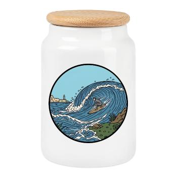 Retro Surf Welle - Wassersport Logo Design - Keksdose mit Holzdeckel - Weiß - Vorne