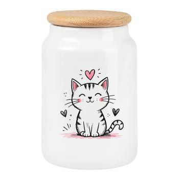 Cute Doodle Cat - Cookie Jar with Wooden Lid - white - Front