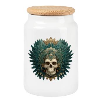 Quetzal Calavera Totenkopf - Keksdose mit Holzdeckel - Weiß - Vorne