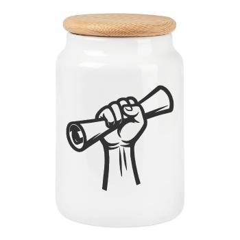 Raised fist on roller - Cookie Jar with Wooden Lid - white - Front