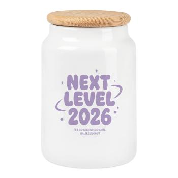 Next Level 2026 – Wir schreiben Geschichte - Keksdose mit Holzdeckel - Weiß - Vorne