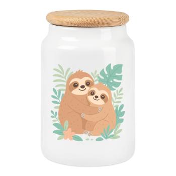 Cuddling sloths in jungle design - Cookie Jar with Wooden Lid - white - Front