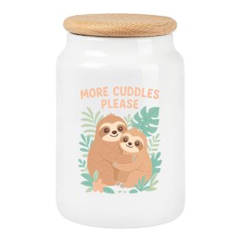 Cute Sloths: More Cuddles Please Design - Cookie Jar with Wooden Lid - white - Front