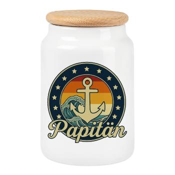 Papitän avec ancre de navire et capitaine des vagues de mer - Boîte à biscuits avec couvercle en bois - blanc - Devant