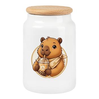 Golden Bear Bubble Tea Charm - Cookie Jar with Wooden Lid - white - Front