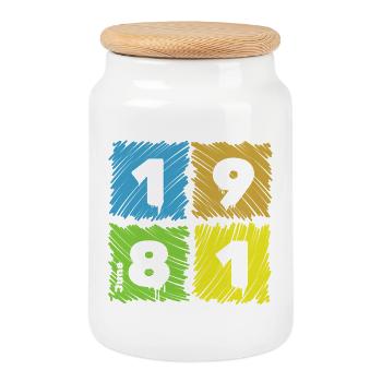 45. Geburtstag Farbige Patches since 06/1981 - Keksdose mit Holzdeckel - Weiß - Vorne