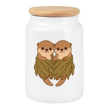 Couple de loutres de mer mignonne en couverture d’algues - Boîte à biscuits avec couvercle en bois - blanc - Devant