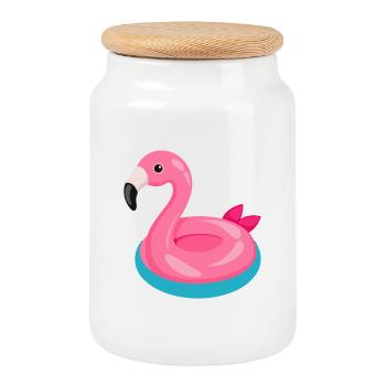Flamingo-Schwimmschwimmer - Keksdose mit Holzdeckel - Weiß - Vorne