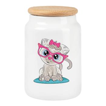 Kitten with Pink Glasses and Bow - Cookie Jar with Wooden Lid - white - Front