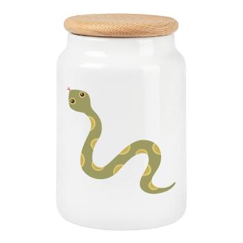 Olive Patterned Snake Illustration - Cookie Jar with Wooden Lid - white - Front