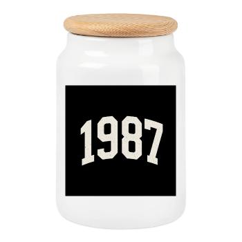 Vintage 1987 – Retro Minimal Design - Cookie Jar with Wooden Lid - white - Front