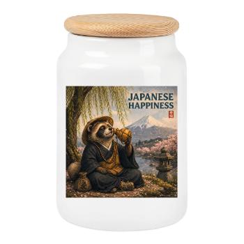 Japanese Tanuki Monk Design - Cookie Jar with Wooden Lid - white - Front