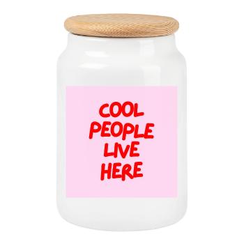 Minimalist COOL PEOPLE LIVE HERE Graphic Tee Desgn - Cookie Jar with Wooden Lid - white - Front