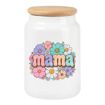 Retro Mom Flowers - Cookie Jar with Wooden Lid - white - Front