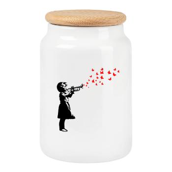 Girl and butterflies with trumpet, Banksy style - Cookie Jar with Wooden Lid - white - Front