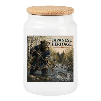 Japanese Kuma Ainu Design - Cookie Jar with Wooden Lid - white - Front