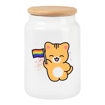 Chaton avec bannière de la fierté - Boîte à biscuits avec couvercle en bois - blanc - Devant