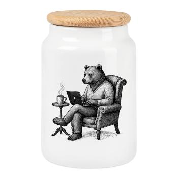 Bear CEO Laptop Lounge - Keksdose mit Holzdeckel - Weiß - Vorne