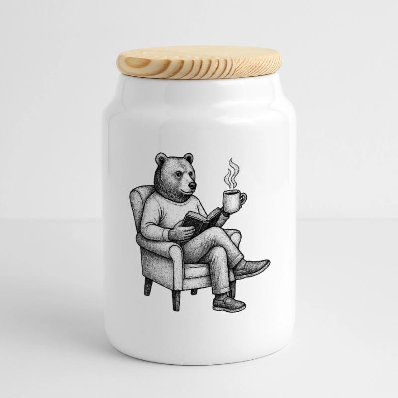 Bear Reader with Book and Mug Cookie Jar with Wooden Lid