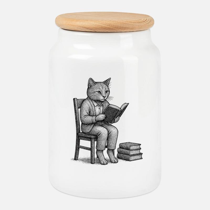 Bücherliebende Katze mit Hosenträgern - Keksdose mit Holzdeckel - Weiß