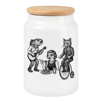 Whimsical Animal Trio Parade - Cookie Jar with Wooden Lid - white - Front