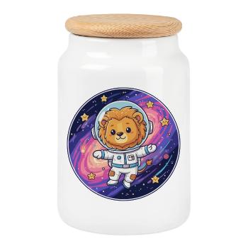 Astronaute Lion dans l’espace - Boîte à biscuits avec couvercle en bois - blanc - Devant