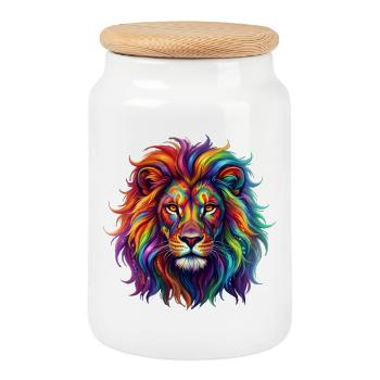 Lion arc-en-ciel / lion aux couleurs arc-en-ciel - Boîte à biscuits avec couvercle en bois - blanc - Devant